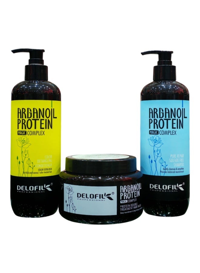 Delofil Argan Oil Protein Hair Care Set 500ml – Sulfate Free Shampoo 500 ML, Conditioner 500 ML & Treatment Mask 500 ML – Deep Repair & Moisturizing for Damaged & Colored Hair - Image 1