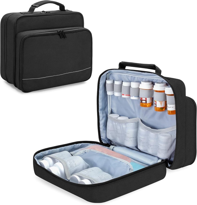منظم زجاجات الحبوب داميرو، حقيبة تخزين زجاجات الأدوية، حقيبة سفر لحمل الأدوية لمنظم الحبوب، الفيتامينات، المكملات الطبية، سوداء، تصميم براءة اختراع
