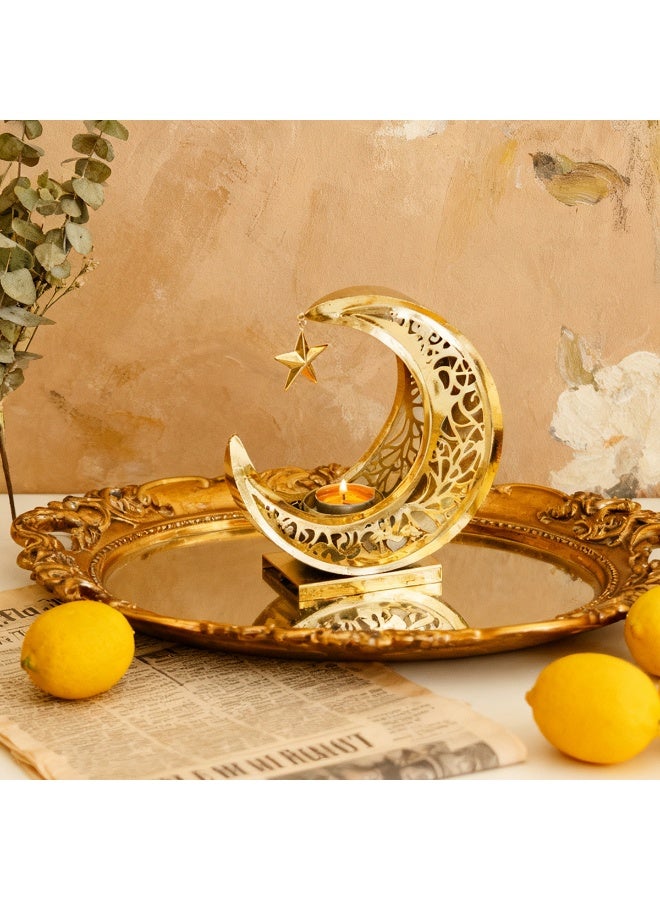 etal Tea Light Candle Holder Crescent Moon Gold Black – Carved Festival Decor Ornament Home Accessories Gift - Image 1