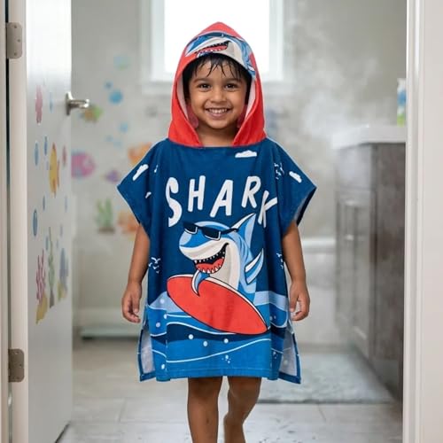 Famyo® Poncho Hooded Towel for Kids 1–7 Years | Quick Dry Kids Towel | Soft Lightweight Baby Wrap for Beach | 60 X 60Cm Toddler Pool Towel for Boys & Girls | Micro-Fiber Bath Towels | Dark Blue Shark - Image 1