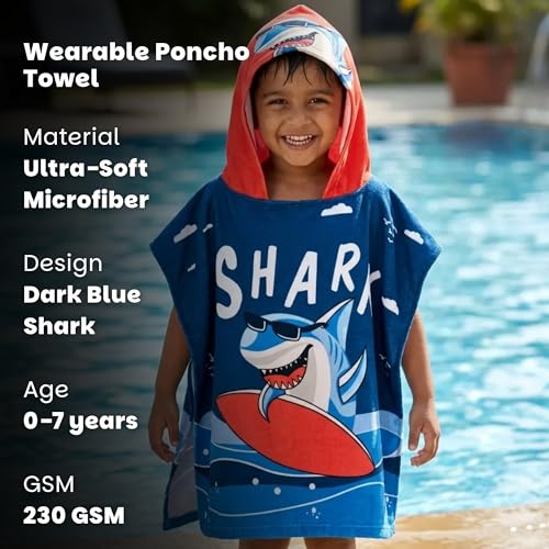Famyo® Poncho Hooded Towel for Kids 1–7 Years | Quick Dry Kids Towel | Soft Lightweight Baby Wrap for Beach | 60 X 60Cm Toddler Pool Towel for Boys & Girls | Micro-Fiber Bath Towels | Dark Blue Shark - Image 5