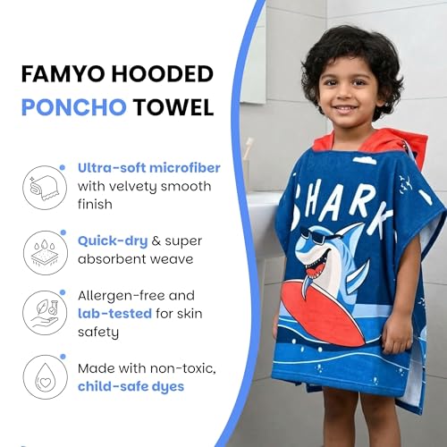 Famyo® Poncho Hooded Towel for Kids 1–7 Years | Quick Dry Kids Towel | Soft Lightweight Baby Wrap for Beach | 60 X 60Cm Toddler Pool Towel for Boys & Girls | Micro-Fiber Bath Towels | Dark Blue Shark - Image 3