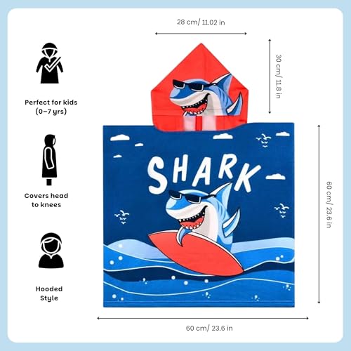Famyo® Poncho Hooded Towel for Kids 1–7 Years | Quick Dry Kids Towel | Soft Lightweight Baby Wrap for Beach | 60 X 60Cm Toddler Pool Towel for Boys & Girls | Micro-Fiber Bath Towels | Dark Blue Shark - Image 2