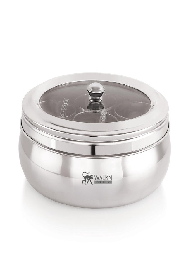 WALKN - EXPLORE | SHOP | ELEVATE WALKN Belly Shaped See Through 1.5L Stainless Steel Masala box for Kitchen | Spice Box | Spice Organiser | Masala Daani | Masala Dabba with 7 Containers and Small Spoon | Silver - Image 1