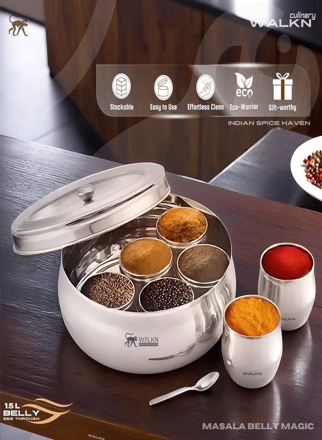 WALKN - EXPLORE | SHOP | ELEVATE WALKN Belly Shaped See Through 1.5L Stainless Steel Masala box for Kitchen | Spice Box | Spice Organiser | Masala Daani | Masala Dabba with 7 Containers and Small Spoon | Silver - Image 4