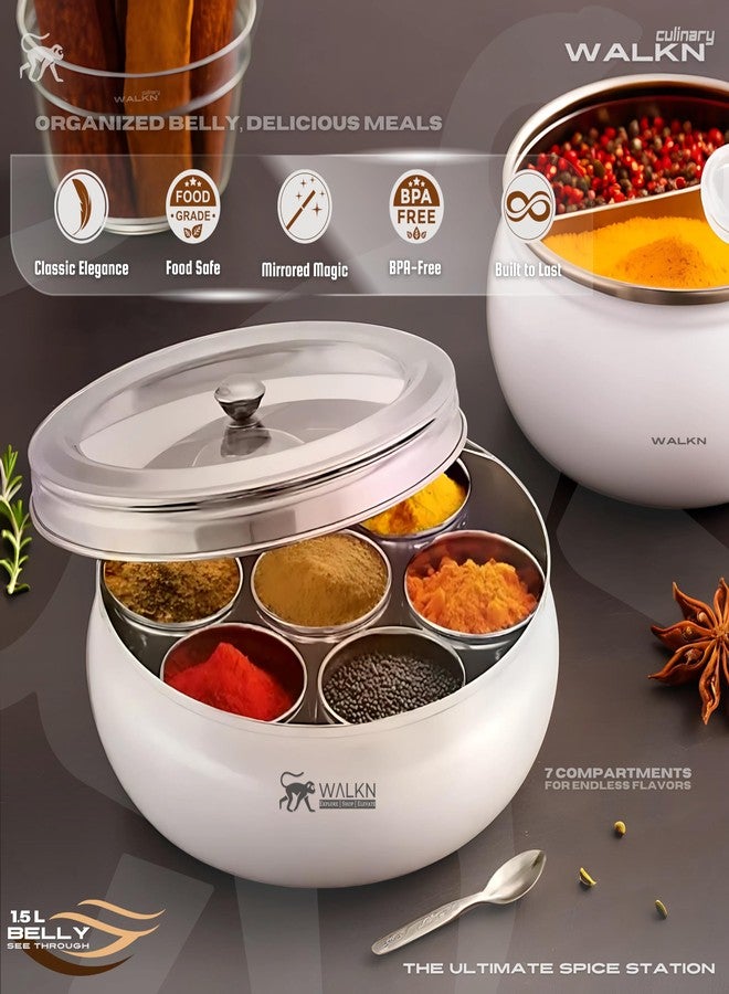 WALKN - EXPLORE | SHOP | ELEVATE WALKN Belly Shaped See Through 1.5L Stainless Steel Masala box for Kitchen | Spice Box | Spice Organiser | Masala Daani | Masala Dabba with 7 Containers and Small Spoon | Silver - Image 5