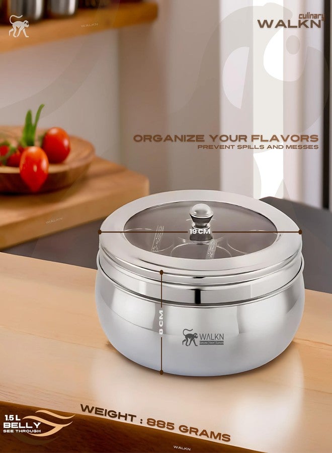 WALKN - EXPLORE | SHOP | ELEVATE WALKN Belly Shaped See Through 1.5L Stainless Steel Masala box for Kitchen | Spice Box | Spice Organiser | Masala Daani | Masala Dabba with 7 Containers and Small Spoon | Silver - Image 2