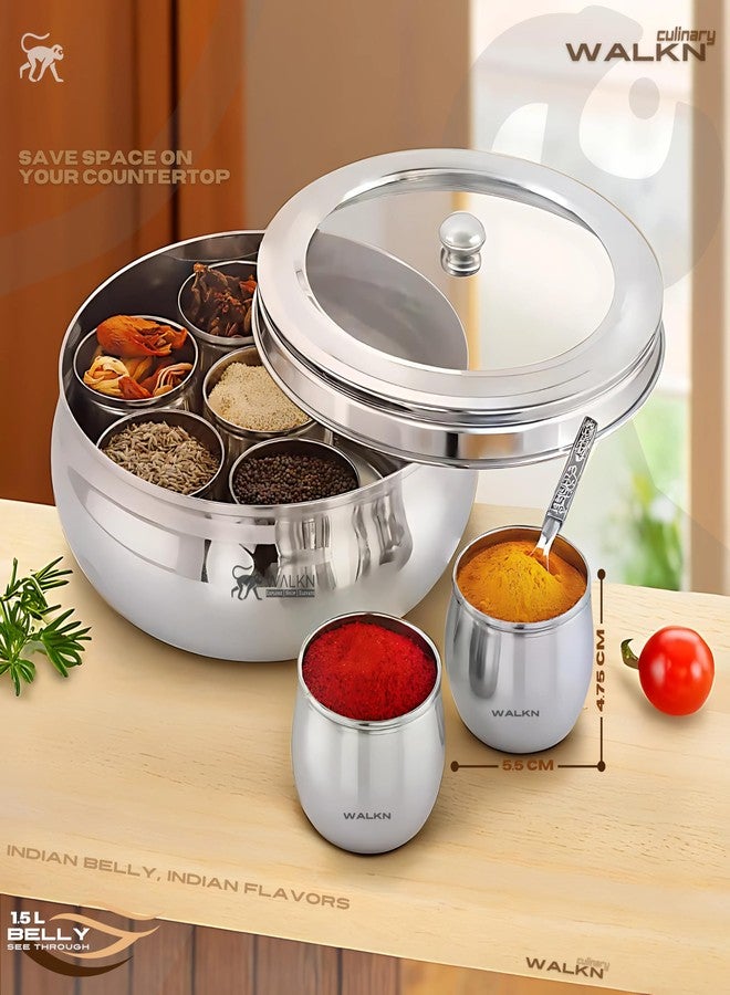 WALKN - EXPLORE | SHOP | ELEVATE WALKN Belly Shaped See Through 1.5L Stainless Steel Masala box for Kitchen | Spice Box | Spice Organiser | Masala Daani | Masala Dabba with 7 Containers and Small Spoon | Silver - Image 3