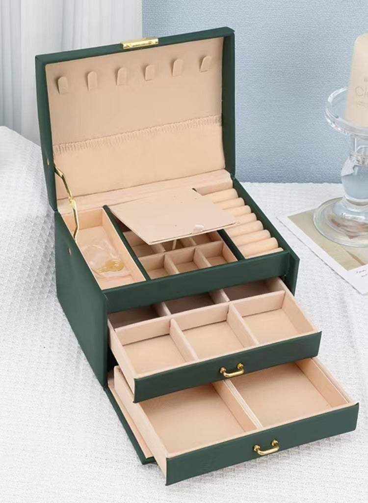 Jewellery Organiser MultiLayer PU Leather Portable Lockable Storage Box Case with Dividers Container for Rings, Earrings, Necklace Home Organizer - Dark Green  - Image 1