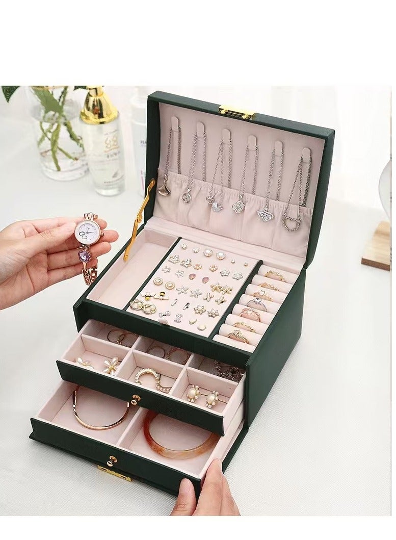 Jewellery Organiser MultiLayer PU Leather Portable Lockable Storage Box Case with Dividers Container for Rings, Earrings, Necklace Home Organizer - Dark Green  - Image 3