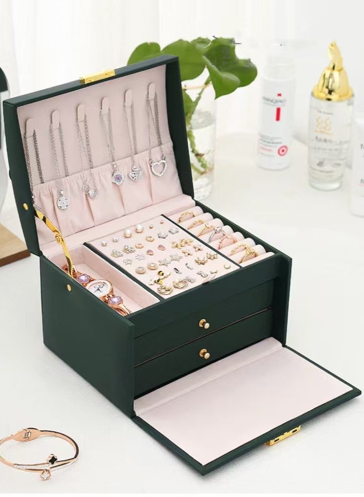 Jewellery Organiser MultiLayer PU Leather Portable Lockable Storage Box Case with Dividers Container for Rings, Earrings, Necklace Home Organizer - Dark Green  - Image 4