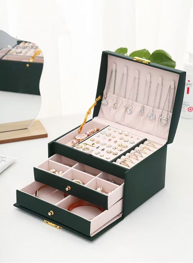 Jewellery Organiser MultiLayer PU Leather Portable Lockable Storage Box Case with Dividers Container for Rings, Earrings, Necklace Home Organizer - Dark Green  - Image 5