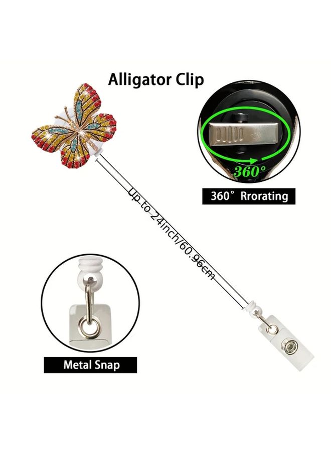 Pink 360 Degree Rotatable Rhinestone Butterfly Retractable Badge Reel With Alligator Clip Id Card Holder Durable Plastic - Image 2