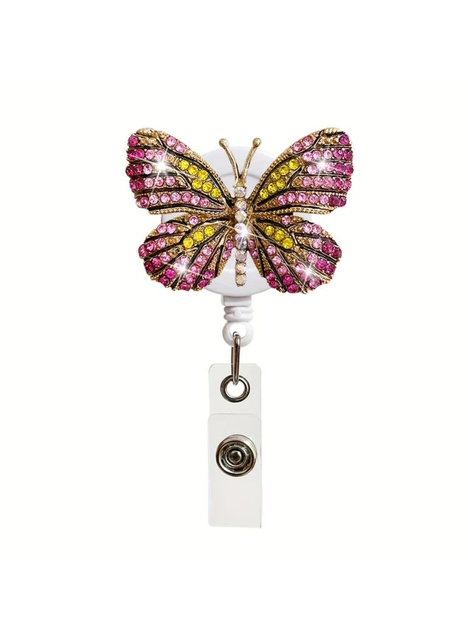 Pink 360 Degree Rotatable Rhinestone Butterfly Retractable Badge Reel With Alligator Clip Id Card Holder Durable Plastic - Image 5