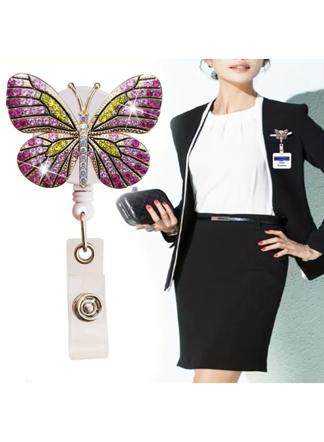 Pink 360 Degree Rotatable Rhinestone Butterfly Retractable Badge Reel With Alligator Clip Id Card Holder Durable Plastic - Image 1