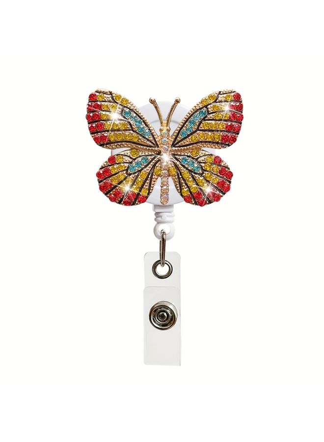 Pink 360 Degree Rotatable Rhinestone Butterfly Retractable Badge Reel With Alligator Clip Id Card Holder Durable Plastic - Image 4