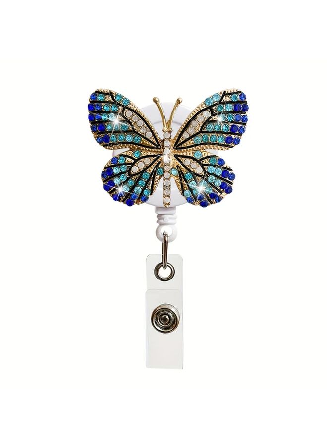 Pink 360 Degree Rotatable Rhinestone Butterfly Retractable Badge Reel With Alligator Clip Id Card Holder Durable Plastic - Image 3