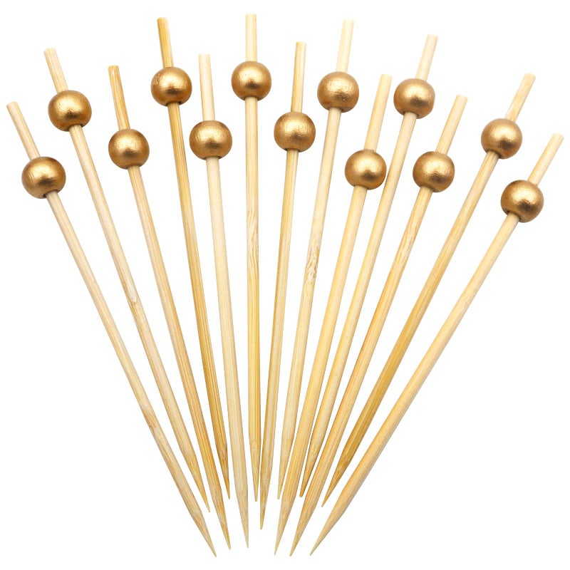 BLUE TOP Gold Pearl Cocktail Picks 47 Inch 200 PCS for Food AppetizerFruitCakesCheeseBurgersDecorative long toothpicks for PartiesBarEventHotelJuly 4th