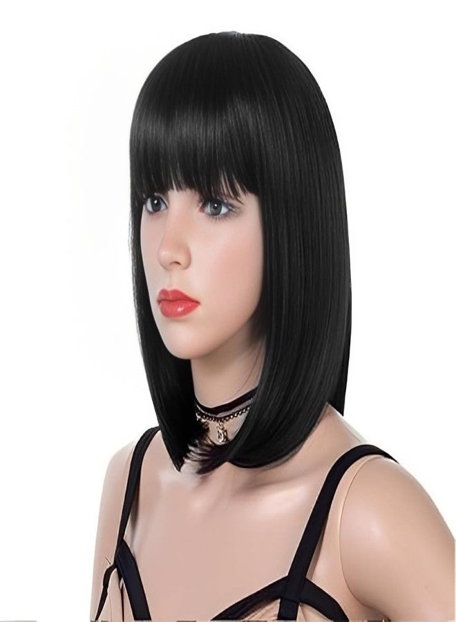 BLUSHIA Black Bob Wig For Women Full Head, Short Bob Wig, Synthetic Shoulder Length Short Hair Wig With Bangs, Straight Bob Wig For Women Daily Use Diwali Cosplay 14Inch - Image 2