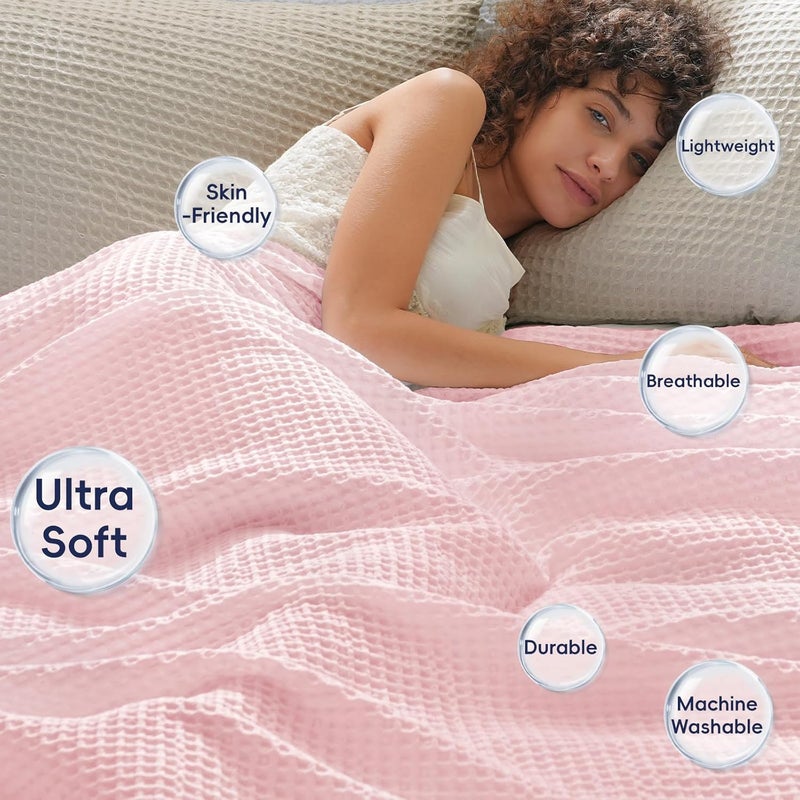 PHF بطانية قماش الوافل فائقة النعومة بحجم كينغ (230 سم × 265 سم)، بطانية منسوجة مريحة للسرير، الديكور، الأريكة، وردي فاتح - Image 2