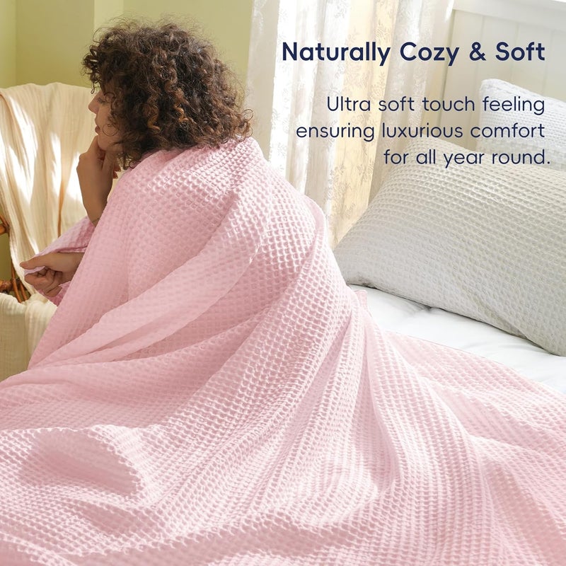 PHF بطانية قماش الوافل فائقة النعومة بحجم كينغ (230 سم × 265 سم)، بطانية منسوجة مريحة للسرير، الديكور، الأريكة، وردي فاتح - Image 4