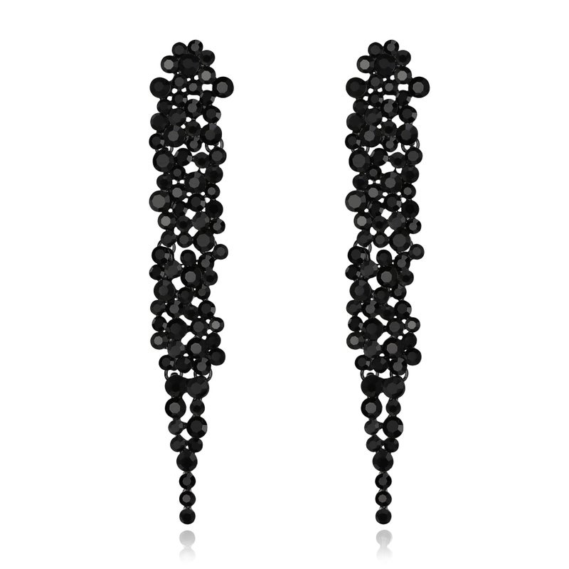 EVER FAITH Austrian Crystal Art Deco Statement Earring, Banquet Prom Long Chandelier Dangle Earrings for Woman Black Black-Tone - Image 1