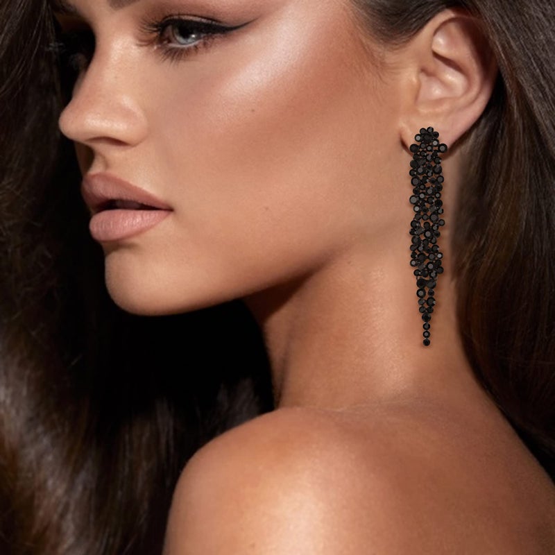 EVER FAITH Austrian Crystal Art Deco Statement Earring, Banquet Prom Long Chandelier Dangle Earrings for Woman Black Black-Tone - Image 4