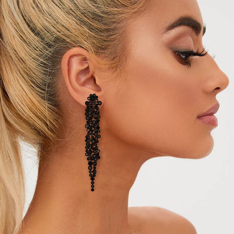 EVER FAITH Austrian Crystal Art Deco Statement Earring, Banquet Prom Long Chandelier Dangle Earrings for Woman Black Black-Tone - Image 2