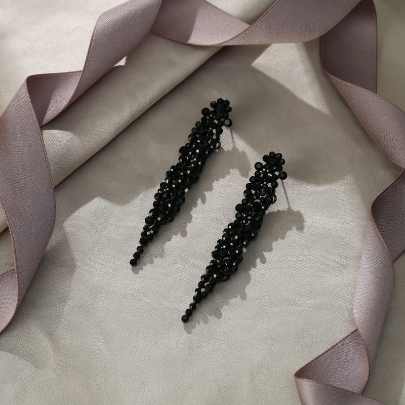 EVER FAITH Austrian Crystal Art Deco Statement Earring, Banquet Prom Long Chandelier Dangle Earrings for Woman Black Black-Tone - Image 5