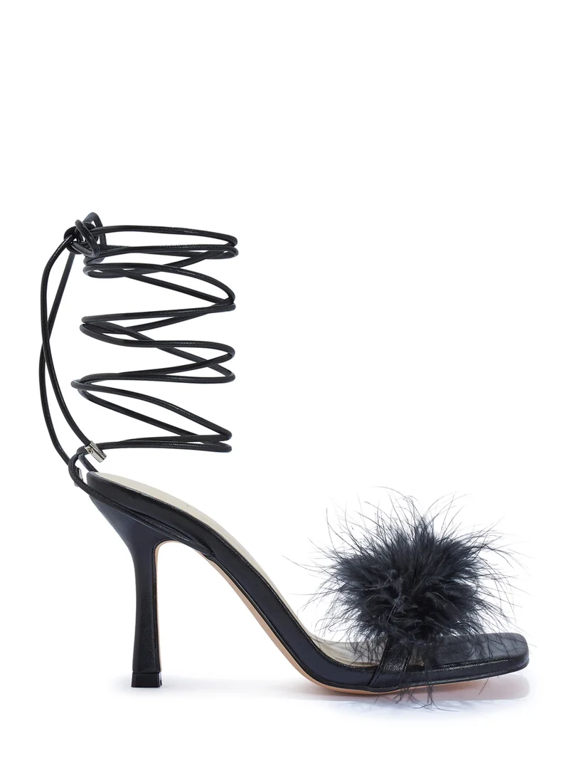 Truffle High Heel Platform Strappy Sandal With Feather