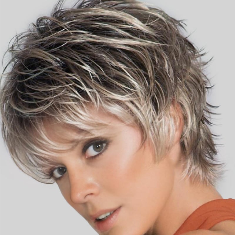 SEVENCOLORS Short Brown Mixed Blonde Wigs for Women Layered Natural Looking Pixie Cut Wig Synthetic Short Hair Wigs for White Women