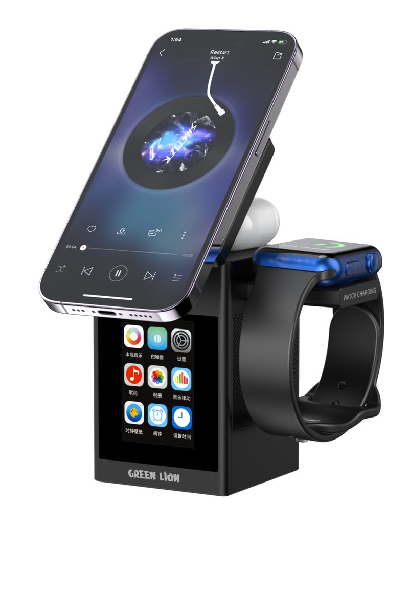 GREEN LION Smart Station Pro with LCD Display & Wireless Charger 15W /TWS & iWatch Charger with Built in Speaker / Smart Touch / MagSafe / Bluetooth - Black - Image 1