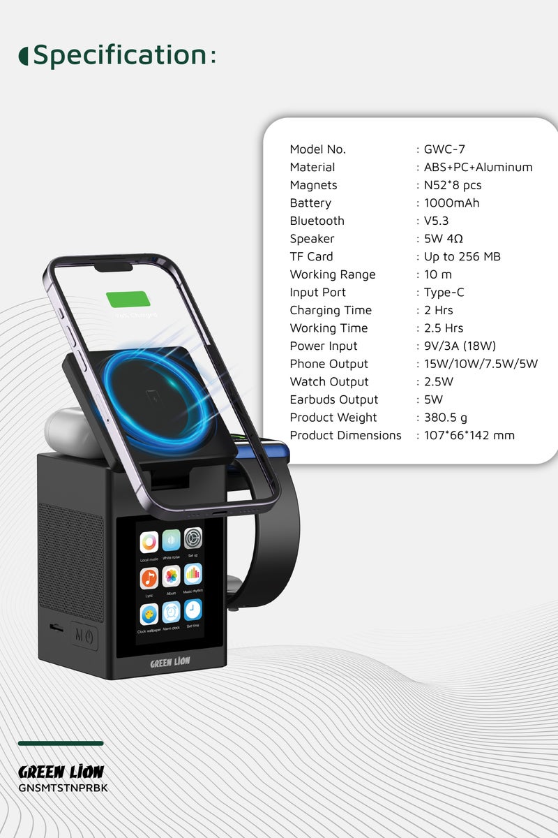 GREEN LION Smart Station Pro with LCD Display & Wireless Charger 15W /TWS & iWatch Charger with Built in Speaker / Smart Touch / MagSafe / Bluetooth - Black - Image 3
