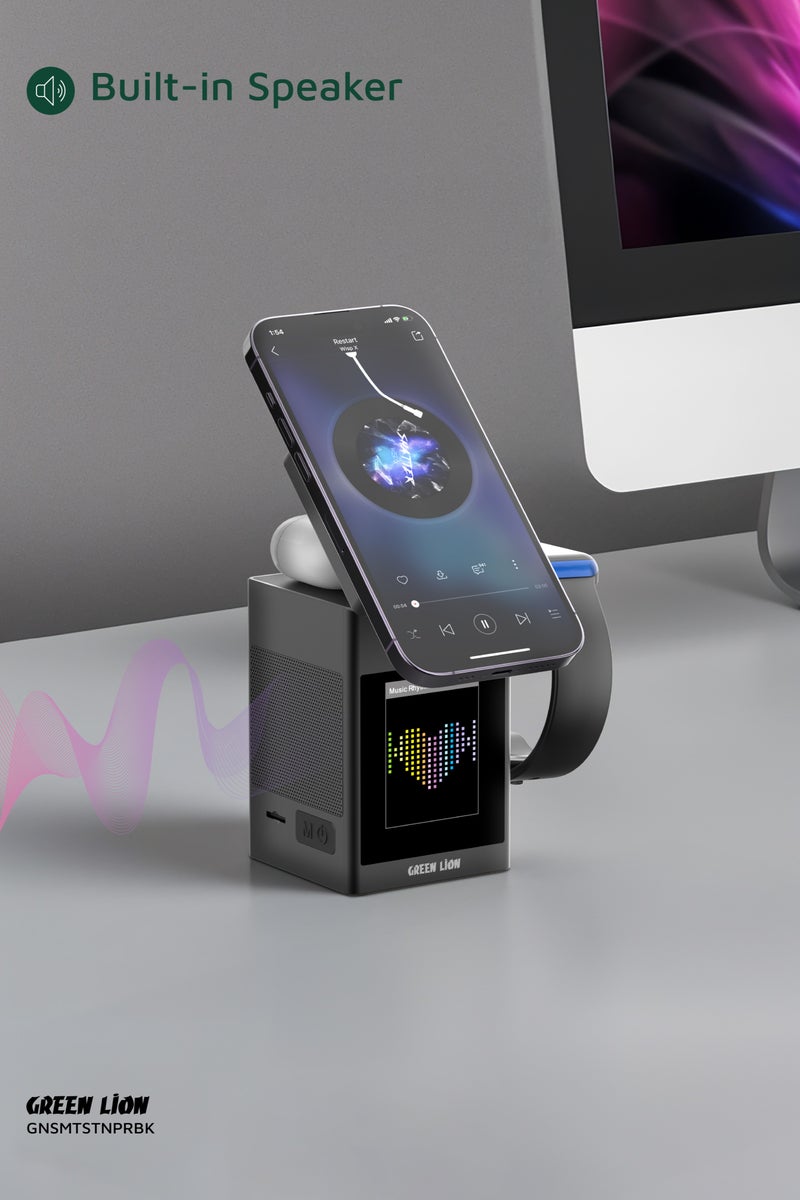GREEN LION Smart Station Pro with LCD Display & Wireless Charger 15W /TWS & iWatch Charger with Built in Speaker / Smart Touch / MagSafe / Bluetooth - Black - Image 5