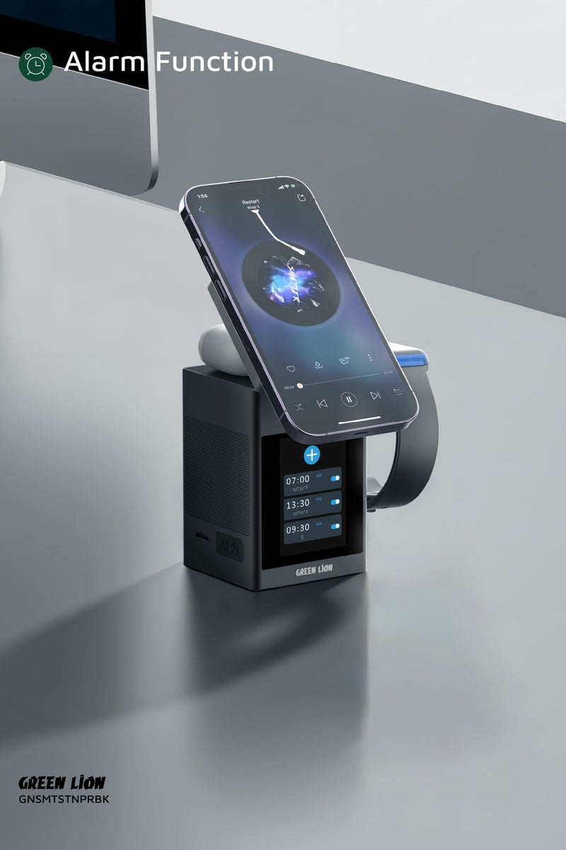 GREEN LION Smart Station Pro with LCD Display & Wireless Charger 15W /TWS & iWatch Charger with Built in Speaker / Smart Touch / MagSafe / Bluetooth - Black - Image 2