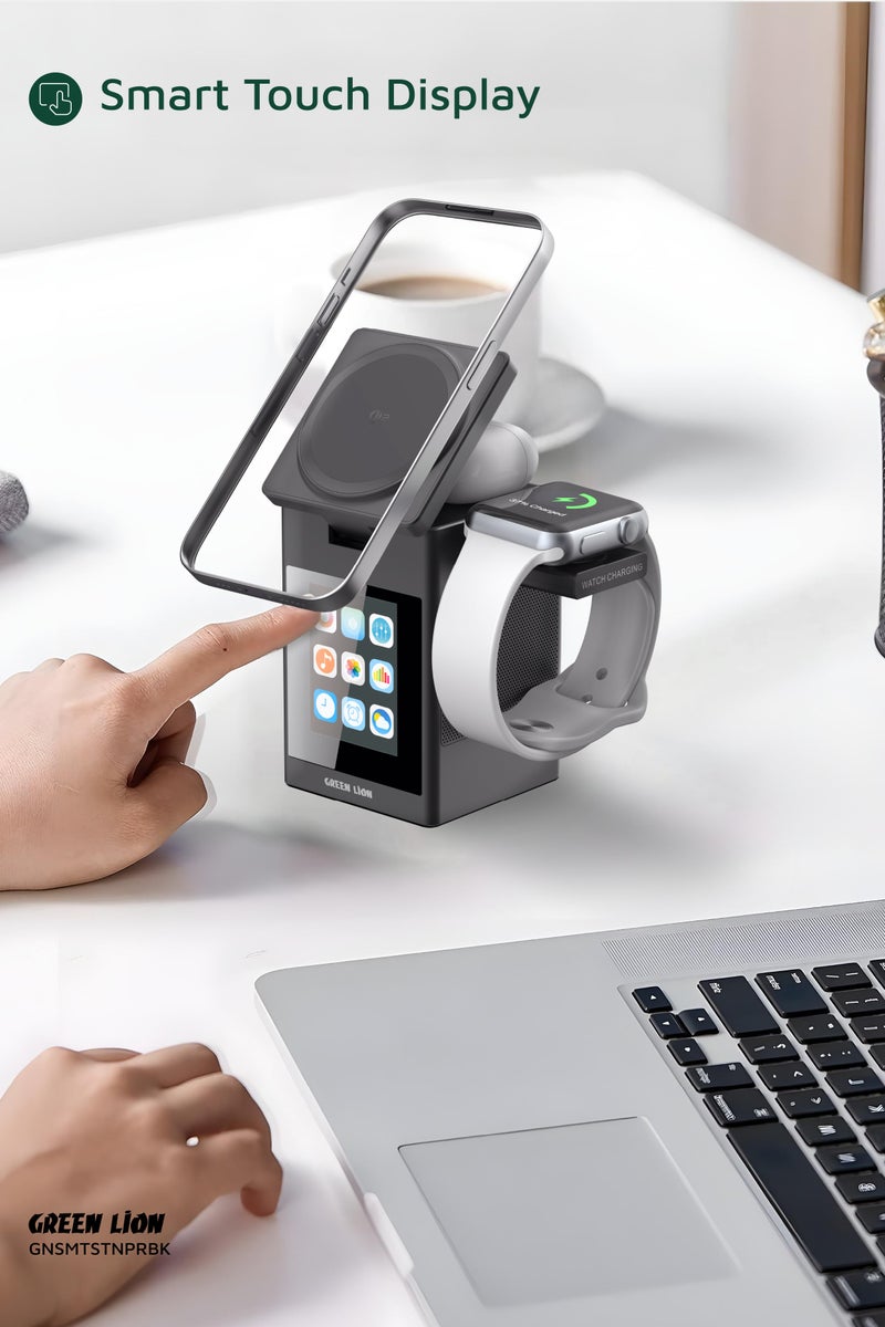 GREEN LION Smart Station Pro with LCD Display & Wireless Charger 15W /TWS & iWatch Charger with Built in Speaker / Smart Touch / MagSafe / Bluetooth - Black - Image 4