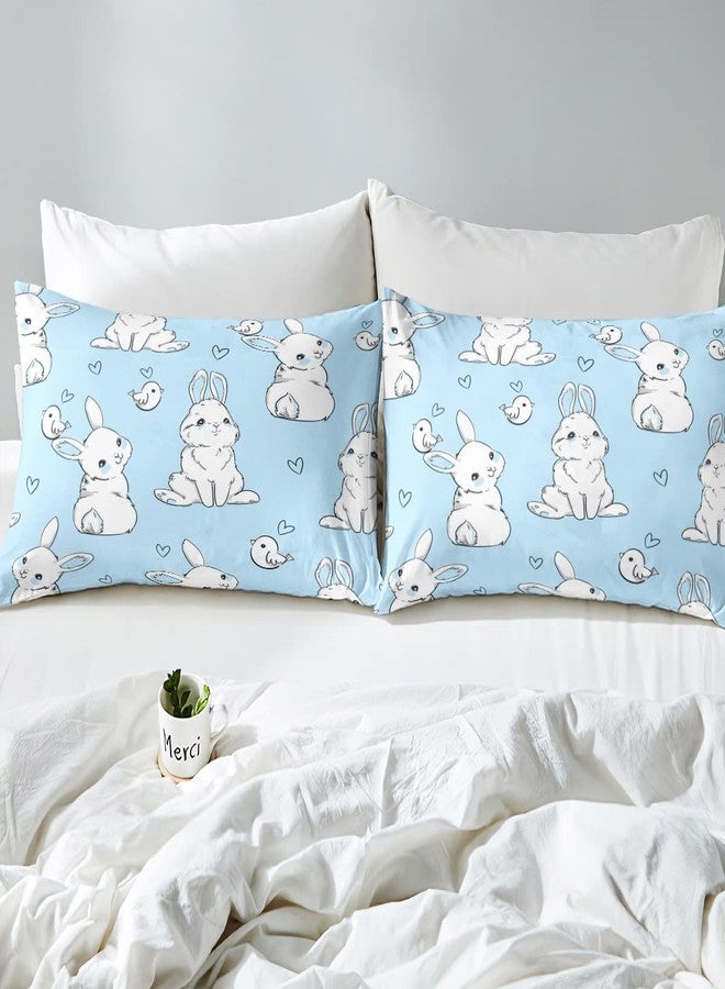 Feelyou Kids Rabbit Bedding Sheets Cute Rabbit Heart Bed Sheet Set for Boys Girls Watercolor Cartoon Wild Animal Decor Bedding Fitted Sheet Blue Bed Cover Bedroom Collection 2Pcs Twin Size - Image 5