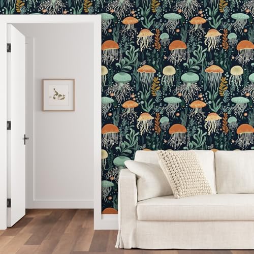 Laatse Blue Jellyfish Wallpaper Peel and Stick Vintage Sea Ocean Contact Paper 175 x 118 Seaweed Wall Paper Self Adhesive Removable Waterproof for Childrens Room Bathroom Shelves Cabinet Table - Image 3