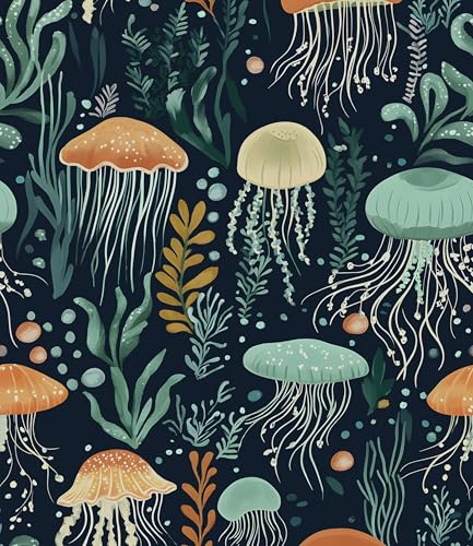 Laatse Blue Jellyfish Wallpaper Peel and Stick Vintage Sea Ocean Contact Paper 175 x 118 Seaweed Wall Paper Self Adhesive Removable Waterproof for Childrens Room Bathroom Shelves Cabinet Table - Image 1