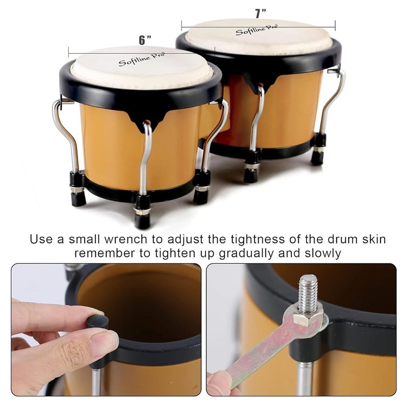 Softline Pro Bongo Drums 6” and 7” Set for Kids Adults Beginners Professionals ABS Body and Metal Bongos Drum Percussion Instruments with Padded Bag & Tuning Wrench (Caramel ABS) - Image 4