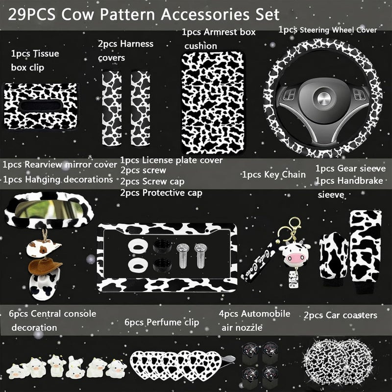 JINGSEN 29 PCS Cow Pattern Car Accessories,Including Dashboard Decoration,Rearview Mirror Decoration,Etc,Suitable for Sedans,SUVS and Other Models,Cute Car Interior Sets Suitable for Women (Black) - Image 2