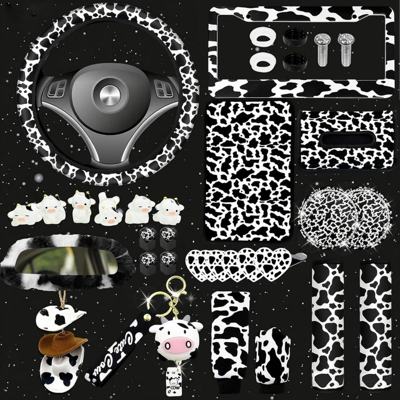JINGSEN 29 PCS Cow Pattern Car Accessories,Including Dashboard Decoration,Rearview Mirror Decoration,Etc,Suitable for Sedans,SUVS and Other Models,Cute Car Interior Sets Suitable for Women (Black) - Image 1