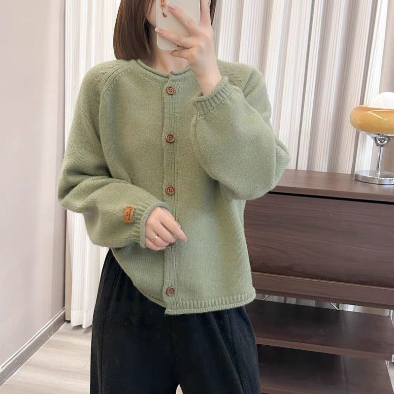 Knitted Cardigan New Lazy Style Loose Outer Wear Round Neck Top Sweater Coat Curled Solid Color Short - Image 4