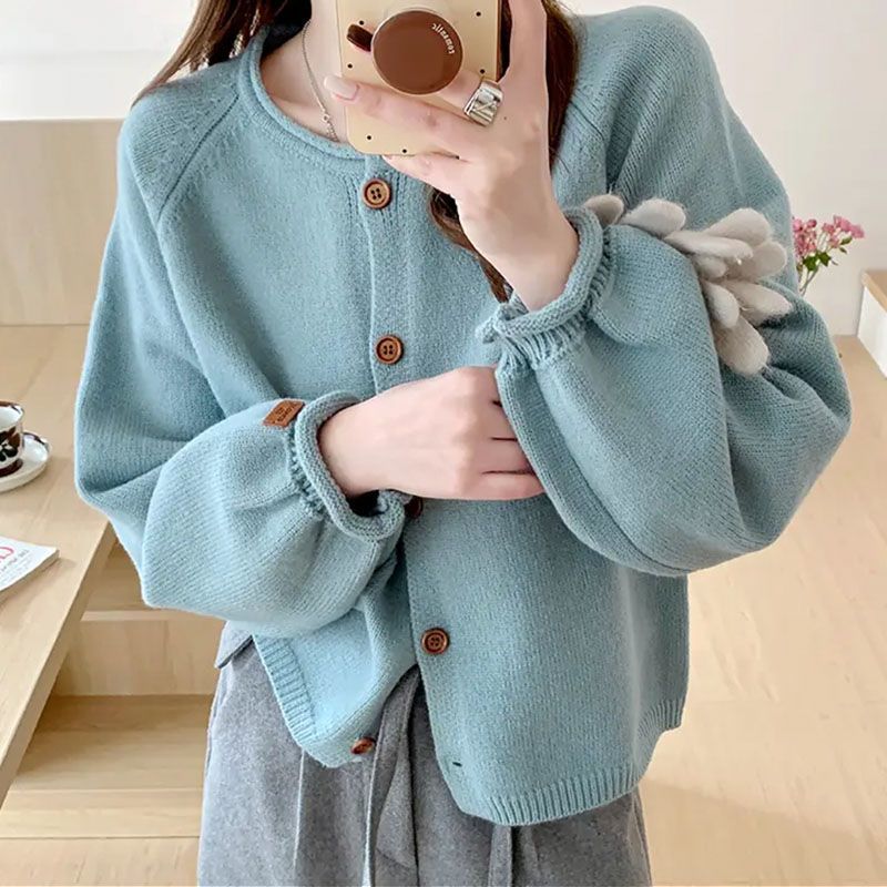 Knitted Cardigan New Lazy Style Loose Outer Wear Round Neck Top Sweater Coat Curled Solid Color Short - Image 5
