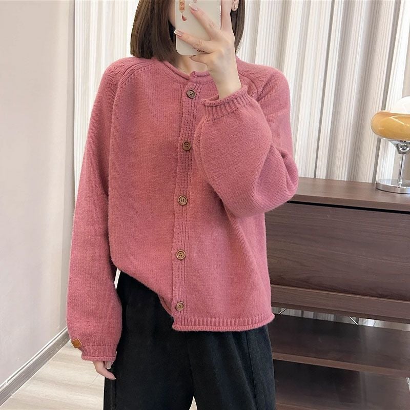 Knitted Cardigan New Lazy Style Loose Outer Wear Round Neck Top Sweater Coat Curled Solid Color Short - Image 3