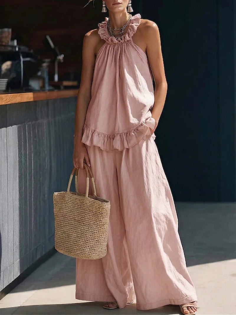 Summer Retro Simple Sleeveless Two-Piece Set with Halter Neck and Wide-Leg Pants in Solid Color, Elegant Women''s and Style - Image 1