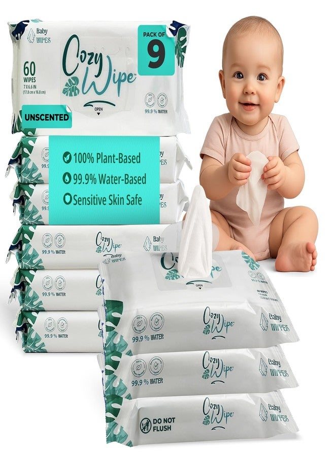 COZY WIPE Water Based Baby Wipes, 99.9% Purified Water, Unscented & Gentle for Sensitive Skin, Plastic-Free, 9 Packs (60 Wipes Each) – Safe for Newborns & Toddlers - Image 1