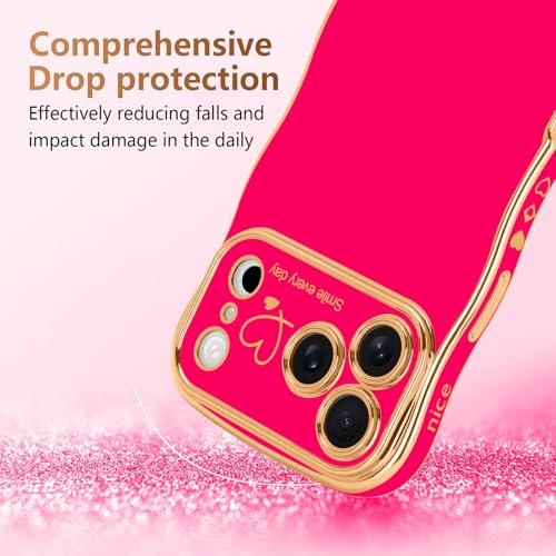 LCHULLE for iPhone 17 Pro Max Case for Women Girls, Cute Wave Frame Curly Shape with Love Heart Raised Camera Protection Cover Luxury Plating Shockproof Phone Case for iPhone 17 Pro Max, Hot Pink - Image 3
