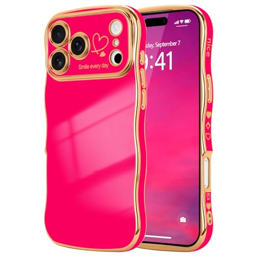 LCHULLE for iPhone 17 Pro Max Case for Women Girls, Cute Wave Frame Curly Shape with Love Heart Raised Camera Protection Cover Luxury Plating Shockproof Phone Case for iPhone 17 Pro Max, Hot Pink - Image 1