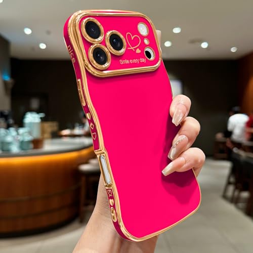 LCHULLE for iPhone 17 Pro Max Case for Women Girls, Cute Wave Frame Curly Shape with Love Heart Raised Camera Protection Cover Luxury Plating Shockproof Phone Case for iPhone 17 Pro Max, Hot Pink - Image 2